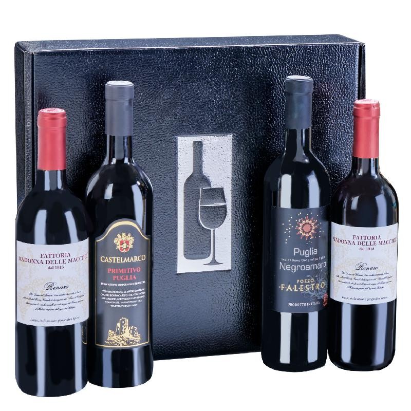 Cassetta 4 vini regionali in confezione regalo: 2 Renaro Rosso I.G.T. Lazio, 1 Vino Primitivo di Puglia I.G.P., 1 Vino Negroamar