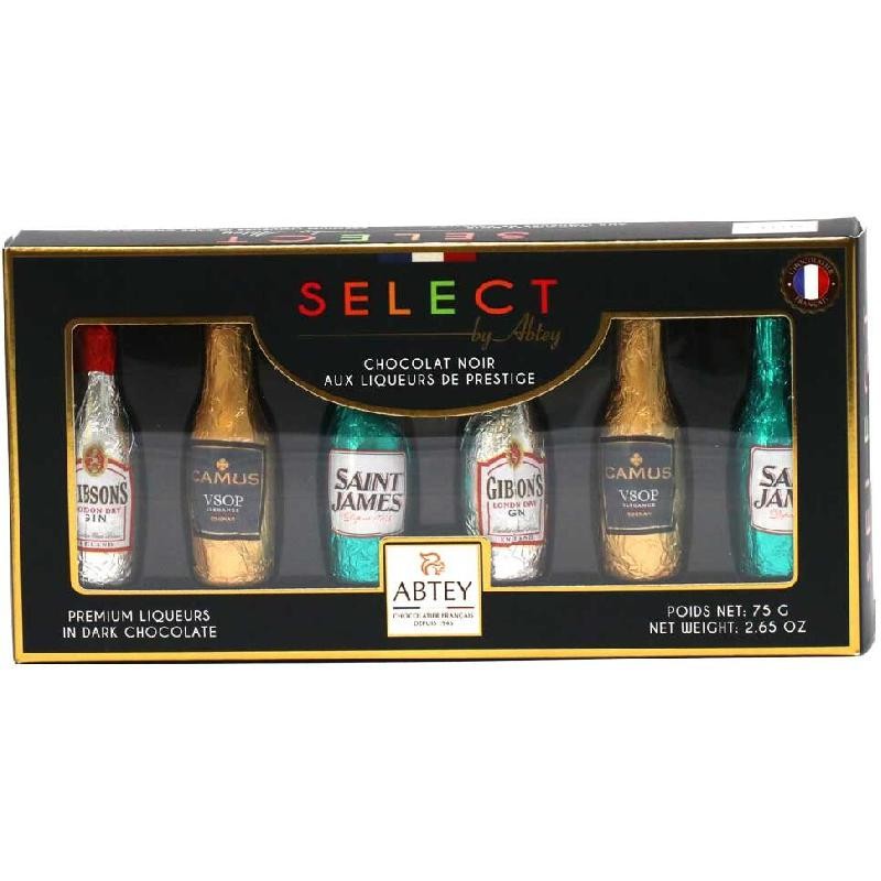 Abtey - Scatola Selection Cioccolatini fondenti a forma di bottiglia ripieni di Liquori 75 gr Abtey - Scatola Selection Cioccolatini fondenti a forma di bottiglia ripieni di Liquori 75 gr